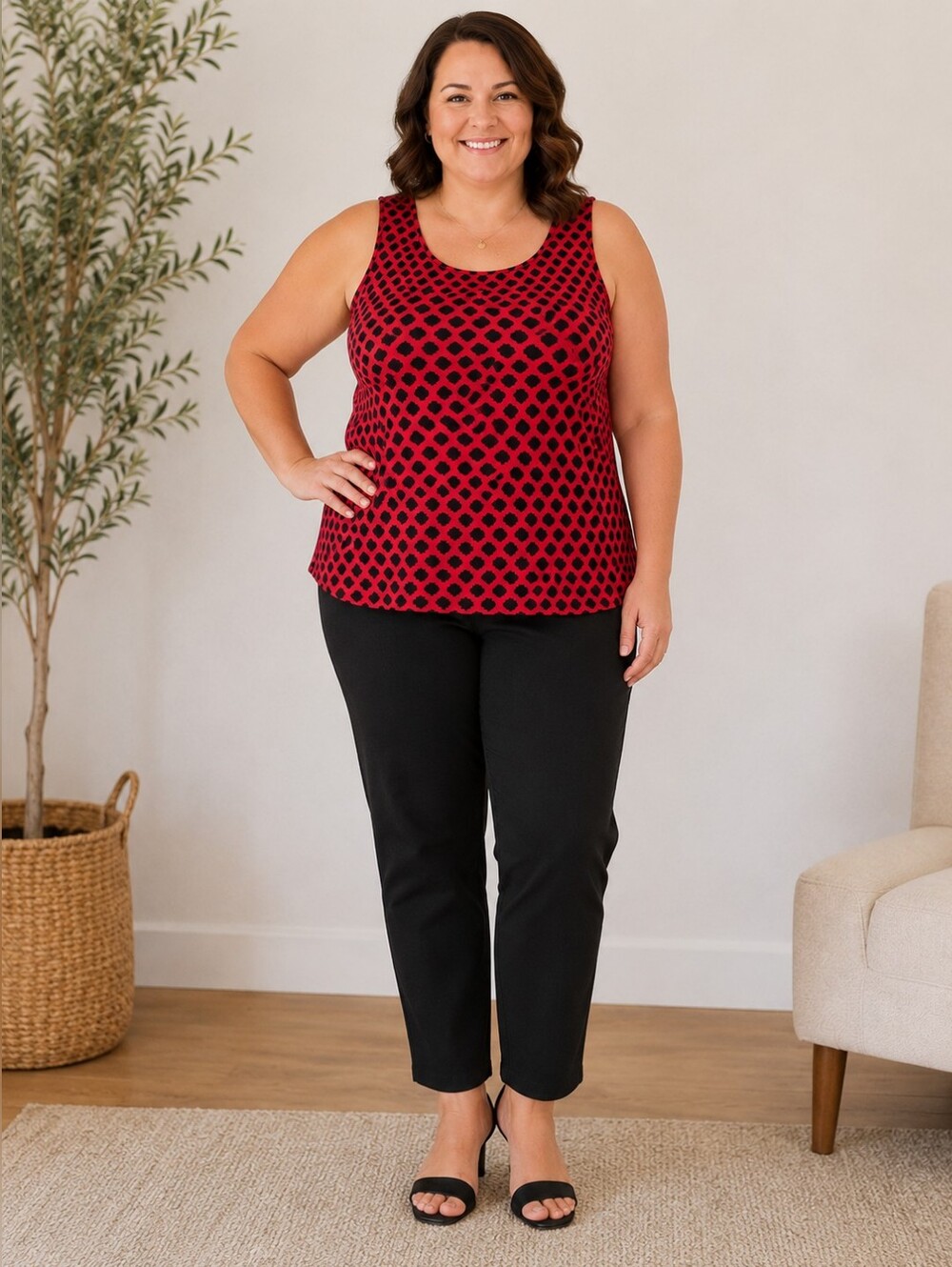 Chico’s Red Black Print Tank Top Size 3| 16|  Boutique Chic Career Casual Top